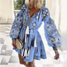 Load image into Gallery viewer, Bohemian V-Neck Long-Sleeved Lace-Up Fringed MIni Dress
