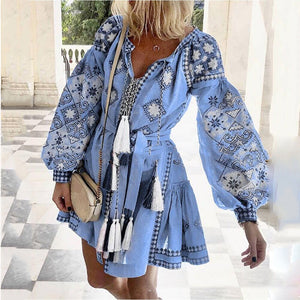 Bohemian V-Neck Long-Sleeved Lace-Up Fringed MIni Dress