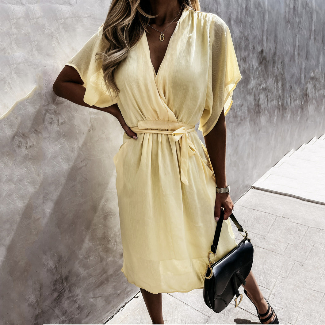 Solid Color V-Neck Lace Up Dress