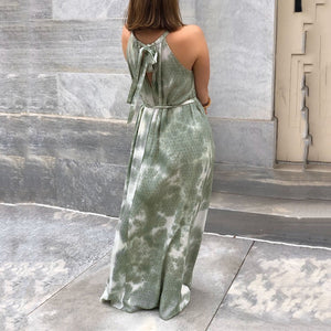 Tie-Dye Printed A-Line Sleeveless Maxi Dress