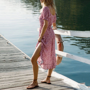 Square Neck Puff Sleeve Ruffle Floarl Printed Dress