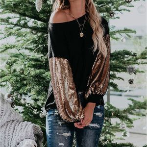 Fashion Sequins Contrast Stitching Knit Top