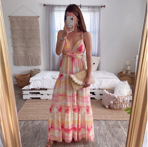 Gradient Deep V Lace Halter Irregular Dress