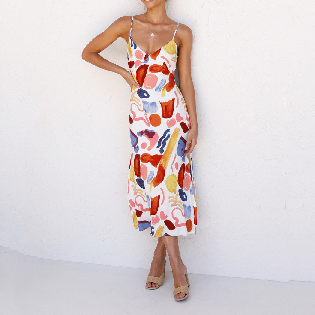 Printed Sling Split Dress