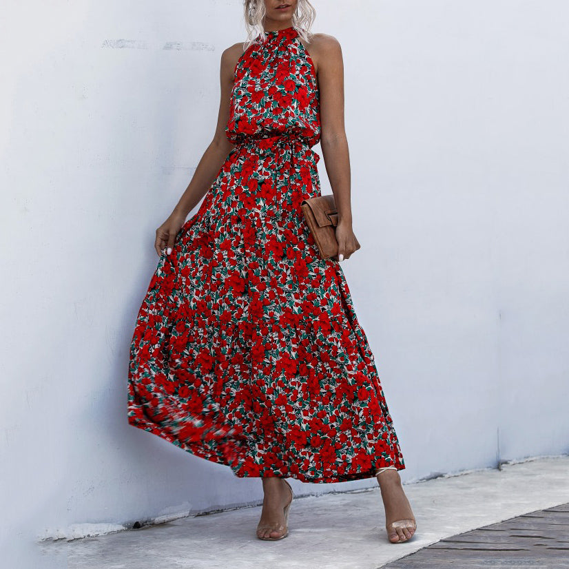 Elegant Round Neck Printed Maxi Dress