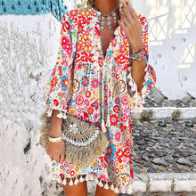Load image into Gallery viewer, Floarl Printed V-Neck Pullover Tassel Dress
