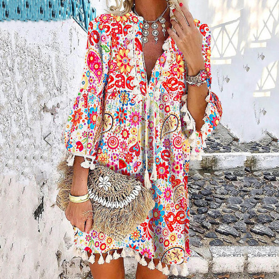 Floarl Printed V-Neck Pullover Tassel Dress