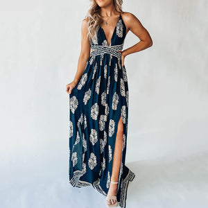 Printed Slit Backless Lace Up Vacation Maxi Dress