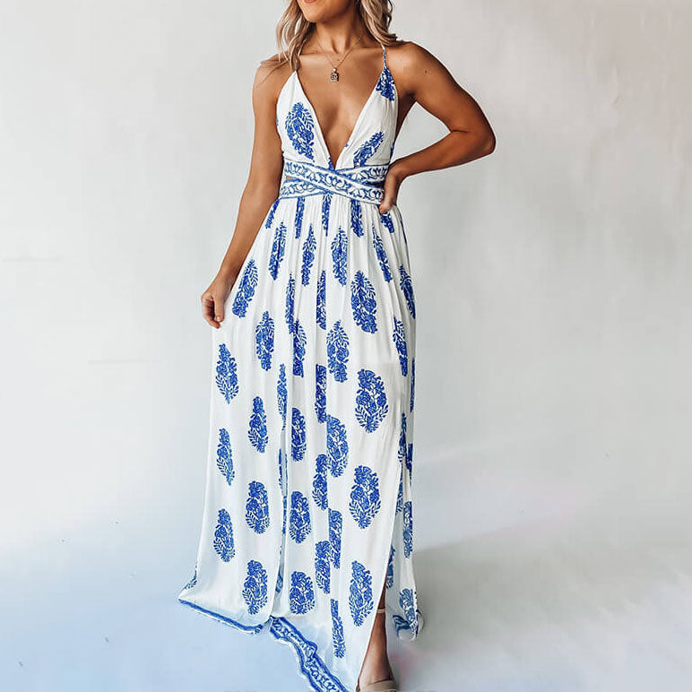Printed Slit Backless Lace Up Vacation Maxi Dress