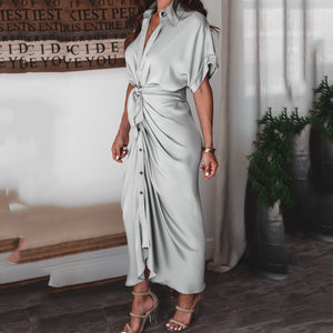 Elegant Commuter Solid Color V-Neck Maxi Dress