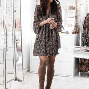 Leopard Print Lantern Sleeve V-Neck Dress