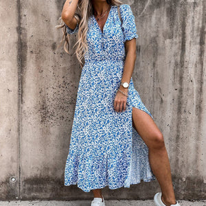 Fashion V-Neck Floral Printed Vacation Dress