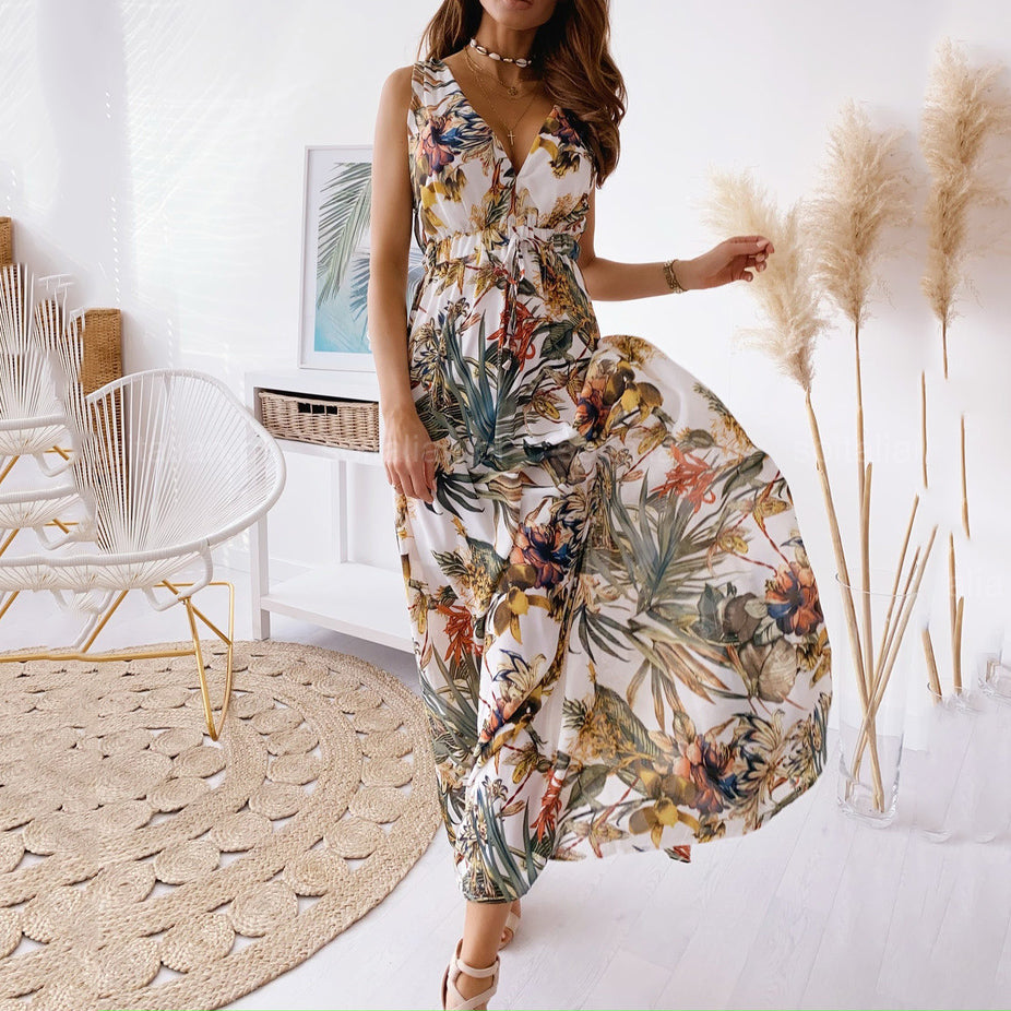 V-Neck Floarl Print Vacation Maxi Dress