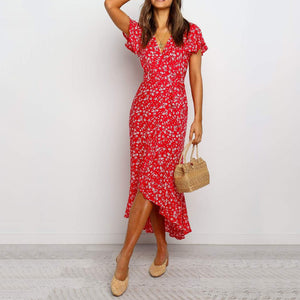 V-Neck Floarl Printed Hem Slit Dress