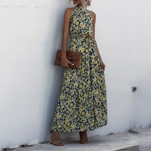 Elegant Round Neck Printed Maxi Dress