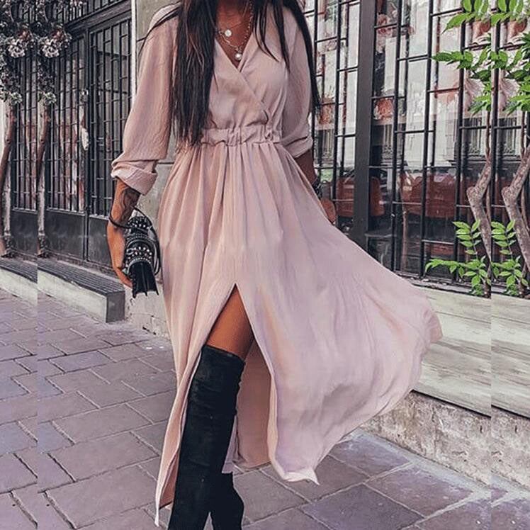 Elegant Solid Color V-Neck Maxi Dress