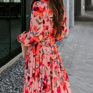 Long Sleeve V-Neck Floarl Print Dress