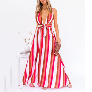 Sexy Deep V-Neck Stripe Printed Maxi Dress