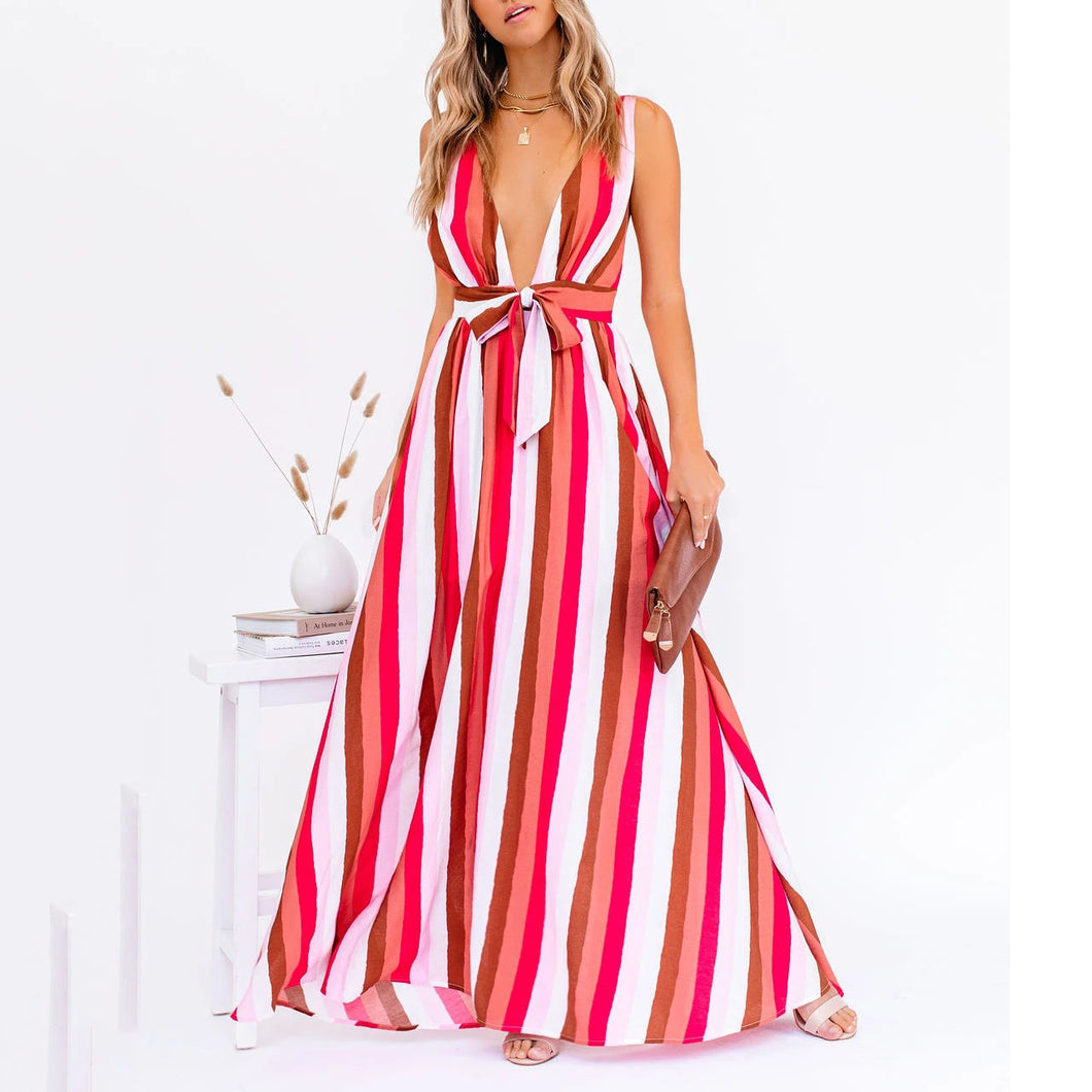Sexy Deep V-Neck Stripe Printed Maxi Dress