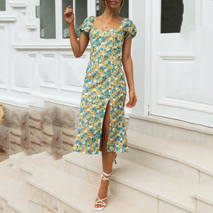 Square Neck Short Sleeve Side Slit Floral Print Dress