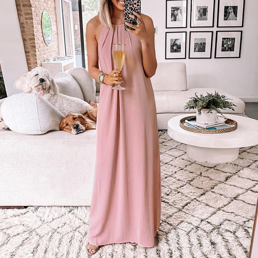Elegant Halter Solid Color Maxi Dress