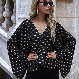 Chiffon V-neck Waist Flared Sleeve Top