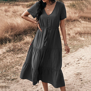 Solid Color V-Neck Dress