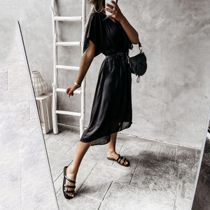 Solid Color V-Neck Lace Up Dress