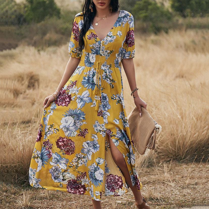Elegant V-Neck Floarl Printed Short Sleeve Maxi Dress