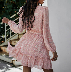 Lace-Up Round Neck Print Mini Dress