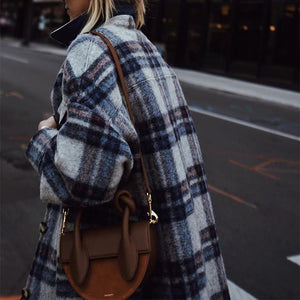 Elegant Lapel Long Sleeve Plaid Coat