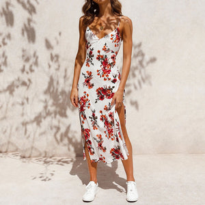 Sexy V-Neck Floral Printed Backless Maxi Dress