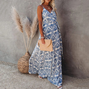 Sexy V-Neck Floral Printed Sleeveless Maxi Dress