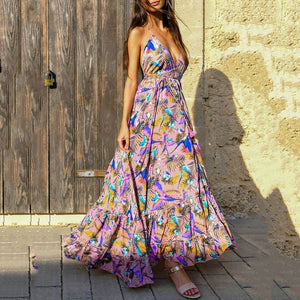 Sexy V Neck Sling Floral Printed Maxi Dress