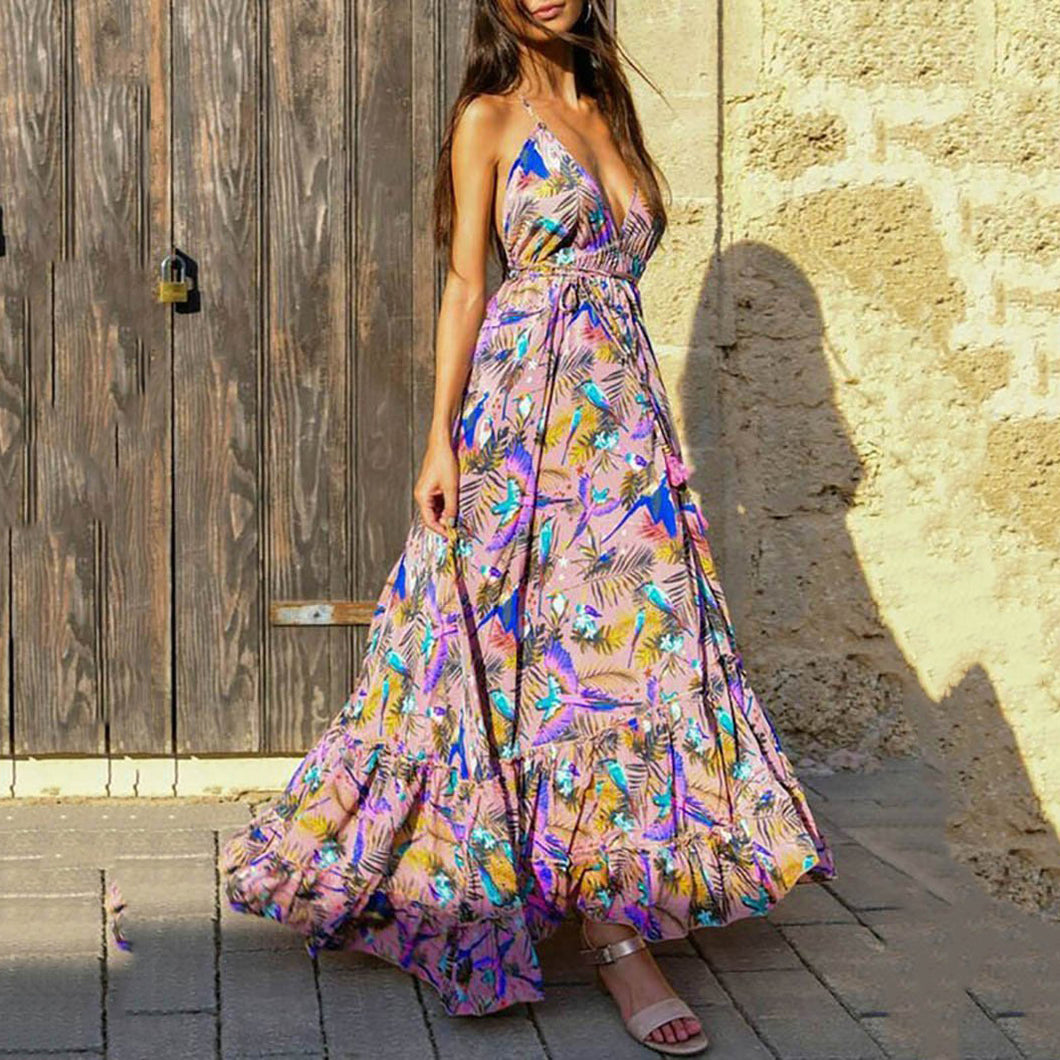 Sexy V Neck Sling Floral Printed Maxi Dress