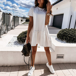 Solid Color Short-Sleeved Round Neck Ruffle Mini Dress
