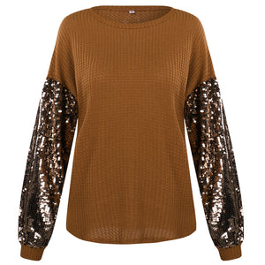 Fashion Sequins Contrast Stitching Knit Top