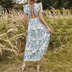 Elegant Backless Floarl Printed Dress
