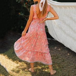 Sexy V-Neck Floarl Printed Boho Style Maxi Dress