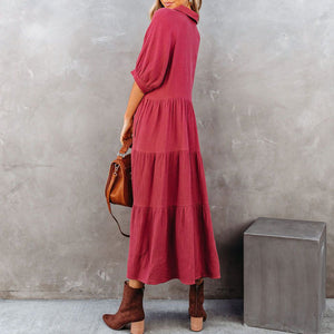 Elegant Butoon Cottton Casual Maxi Dress