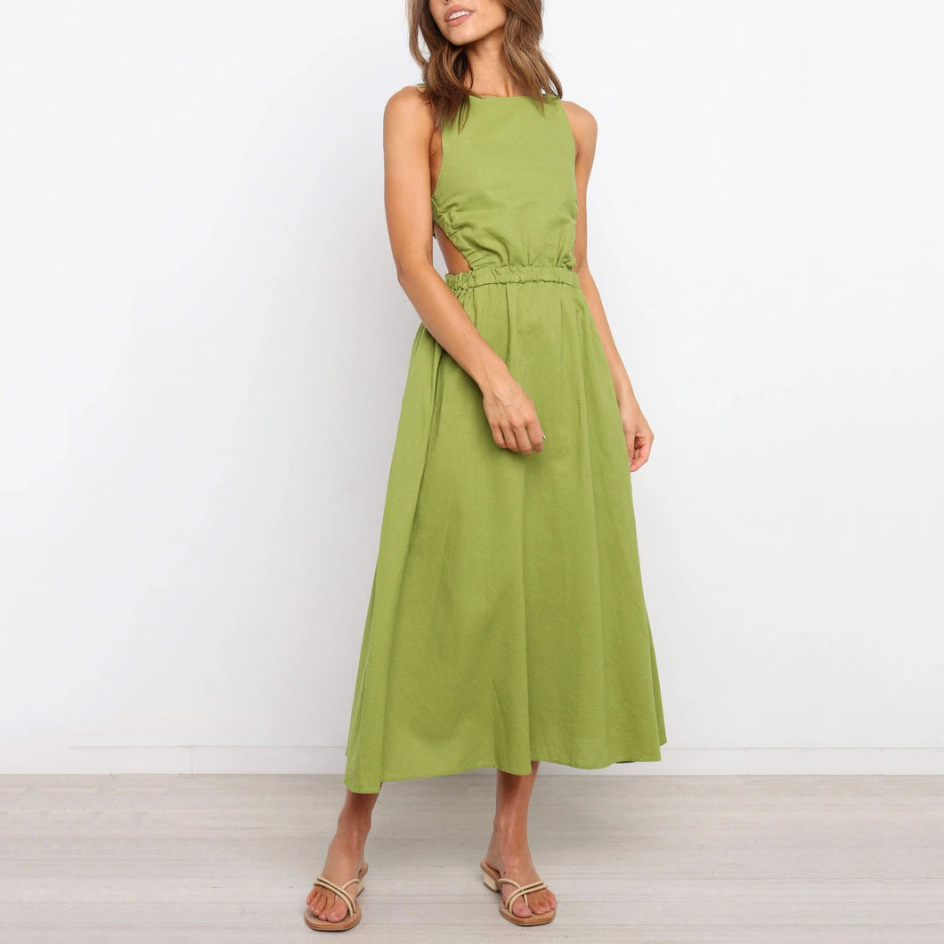 Solid Color Backless Cotton And Linen Dress