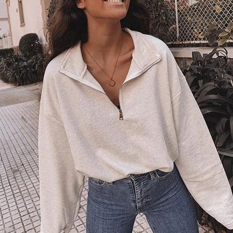 Casual Lapel Zipper Loose Solid Basic Sweatshirt