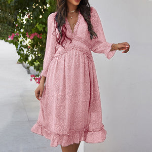 V-Neck Simple Print Maxi Dress
