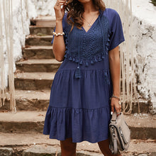 Load image into Gallery viewer, Lace Stitching Solid Color V-Neck Dress
