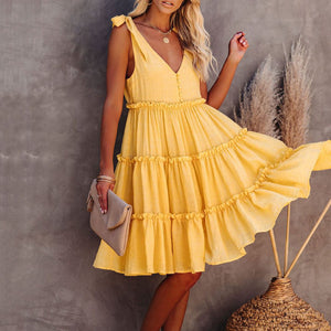 Lovely V-Neck Solid Color Vacation Dress