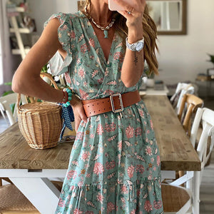 Floral V-Neck Floarl Printed Maxi Dress