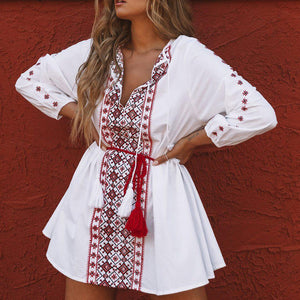 Lace Up Ethnic Print Mini Dress