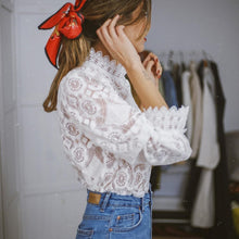 Load image into Gallery viewer, See Through Stand Collar Long Sleeve Lace Tops
