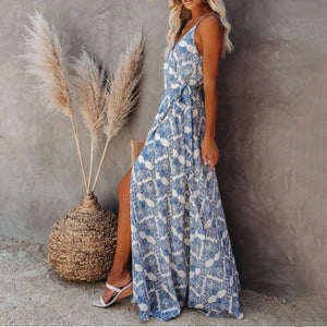 Sexy V-Neck Floral Printed Sleeveless Maxi Dress