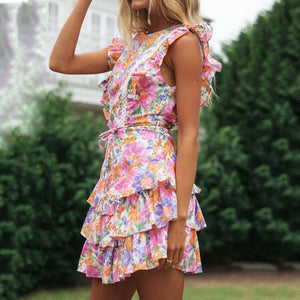 Floarl Printed Round Neck Halter Dress
